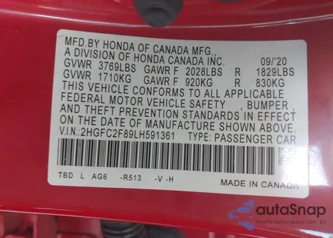 2020 Honda Civic Sport z USA, uszkodzony, nr VIN 2HGFC2F89LH591361